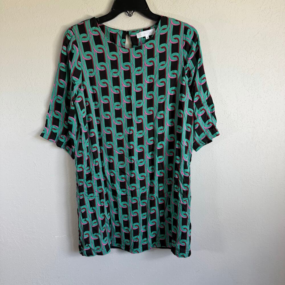 Corey Lynn Calter Black Vibrant Green Pink Geometric Link Shift Dress Womens M